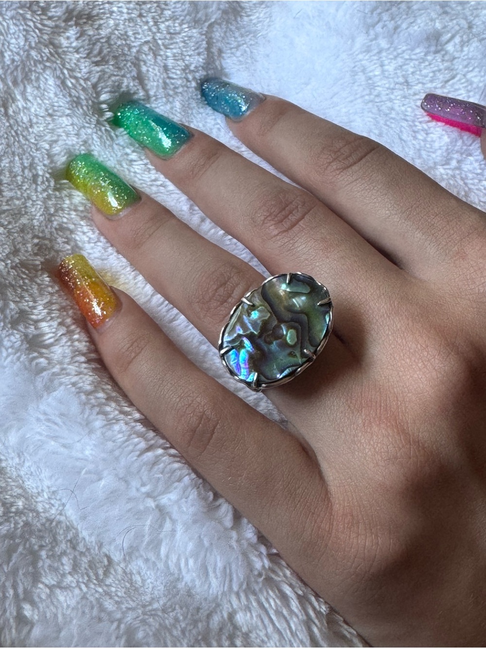 G 925 Sterling silver ring large abalone Paua shell scrollwork. Size 7.75